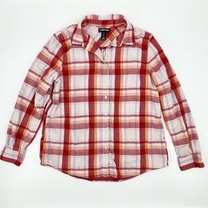 Lands End Red Plaid Cotton Flannel Button Up Shirt Size 14